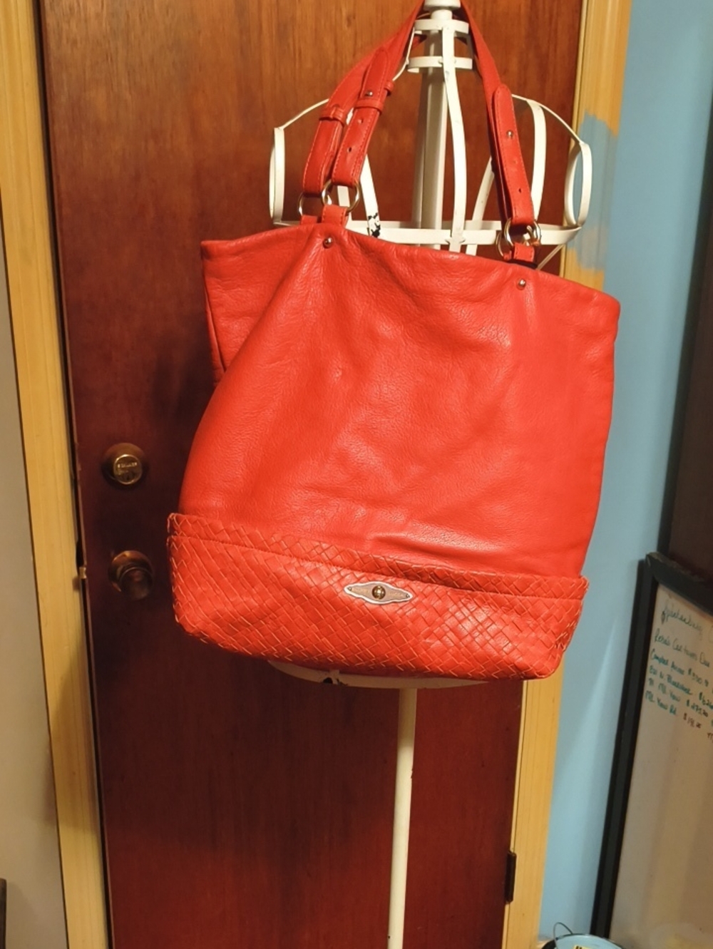Red Leather Tote Bag with Braided Trim